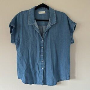 Lucky Brand Women Blue Chambray Denim Cap Sleeve Button Down Blouse Size Medium